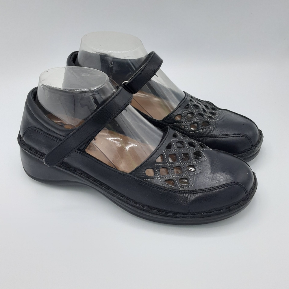 Naot Black Leather Mary Jane Loafers with Perforated Lattice